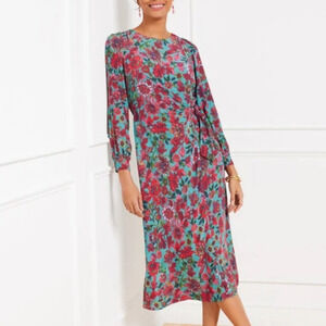 Talbots Faux Wrap Floral Sheath Dress Sz 8 Soft Knit Midi Classic Chic Back Zip